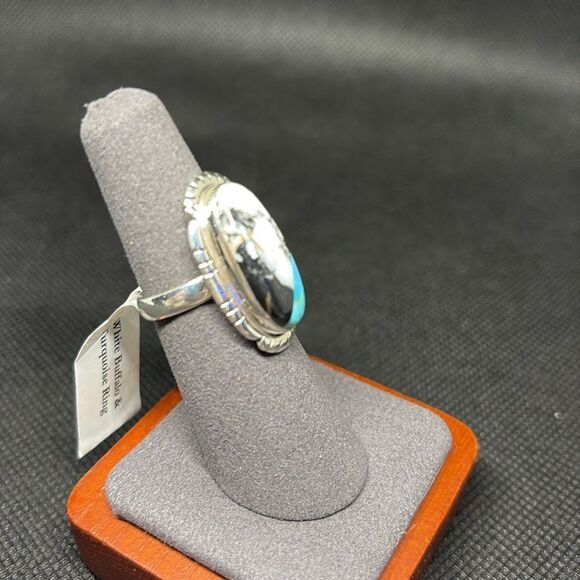 NWT White Buffalo Jasper & Turquoise 925 Silver Ring Size 6 - Picture 3 of 4